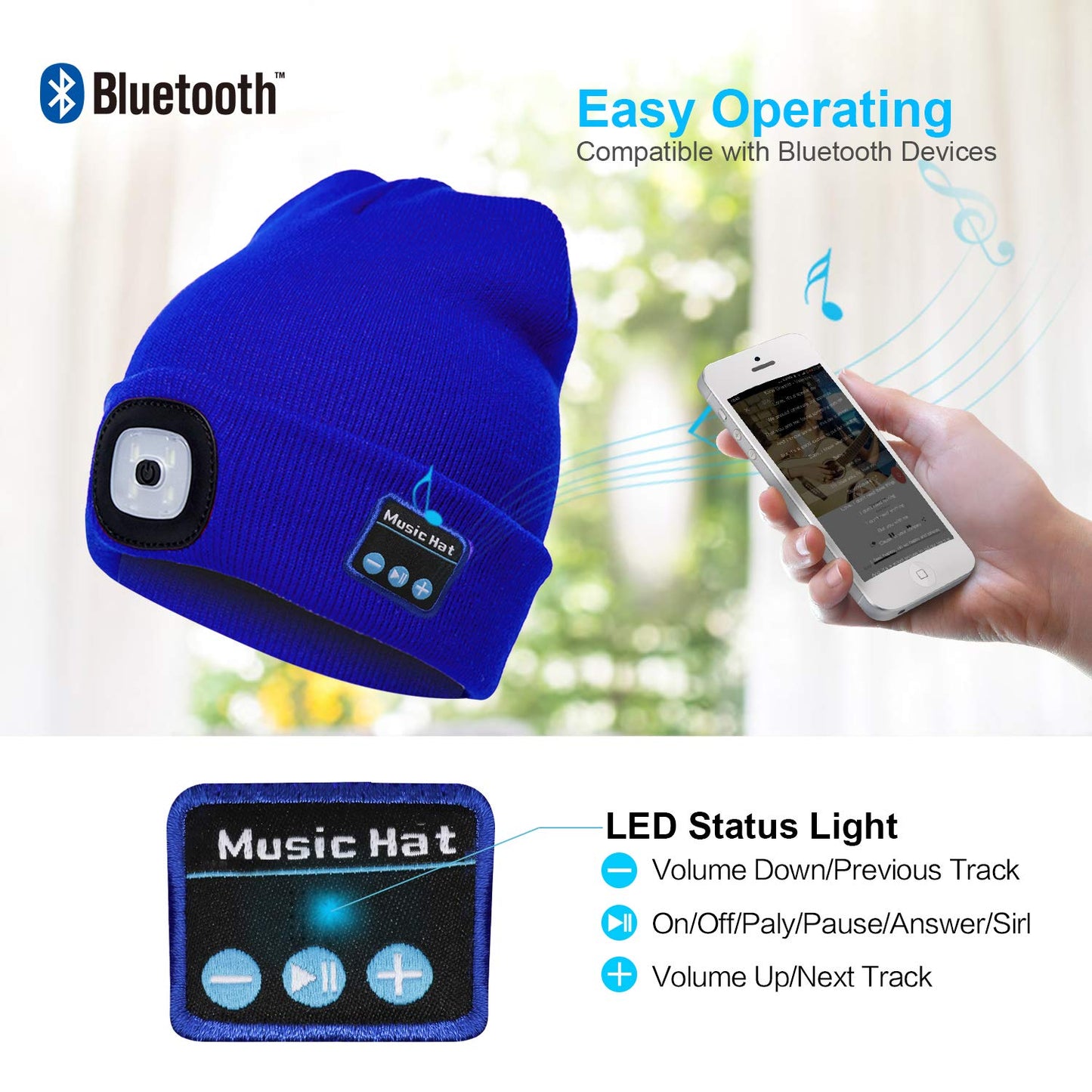 Bluetooth Music Knitted Hat with LED Lamp Cap- USB Charging