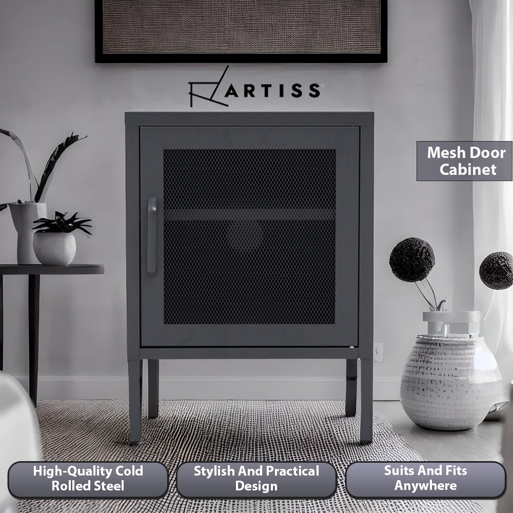 ArtissIn Bedside Table Mesh Door Cabinet - Black