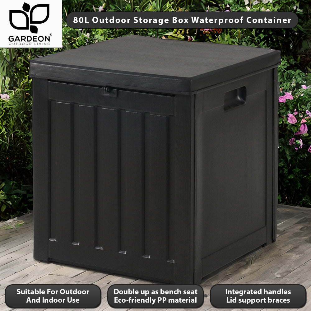 Gardeon Outdoor Storage Box 80L Container Lockable Garden Toy Tool Shed Black