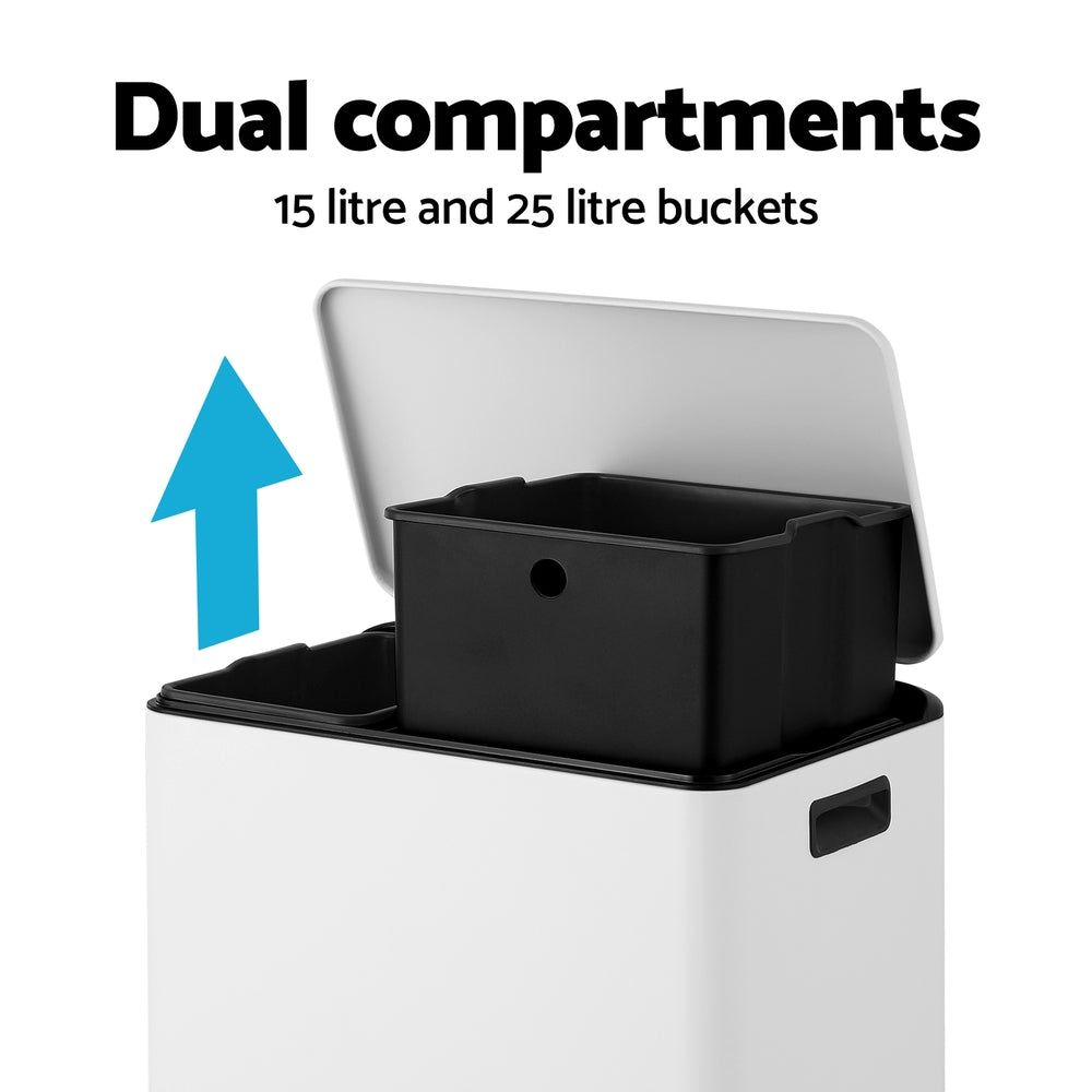 Cefito Pedal Rubbish Bin Dual Compartment Waste Recycle Dustbins White