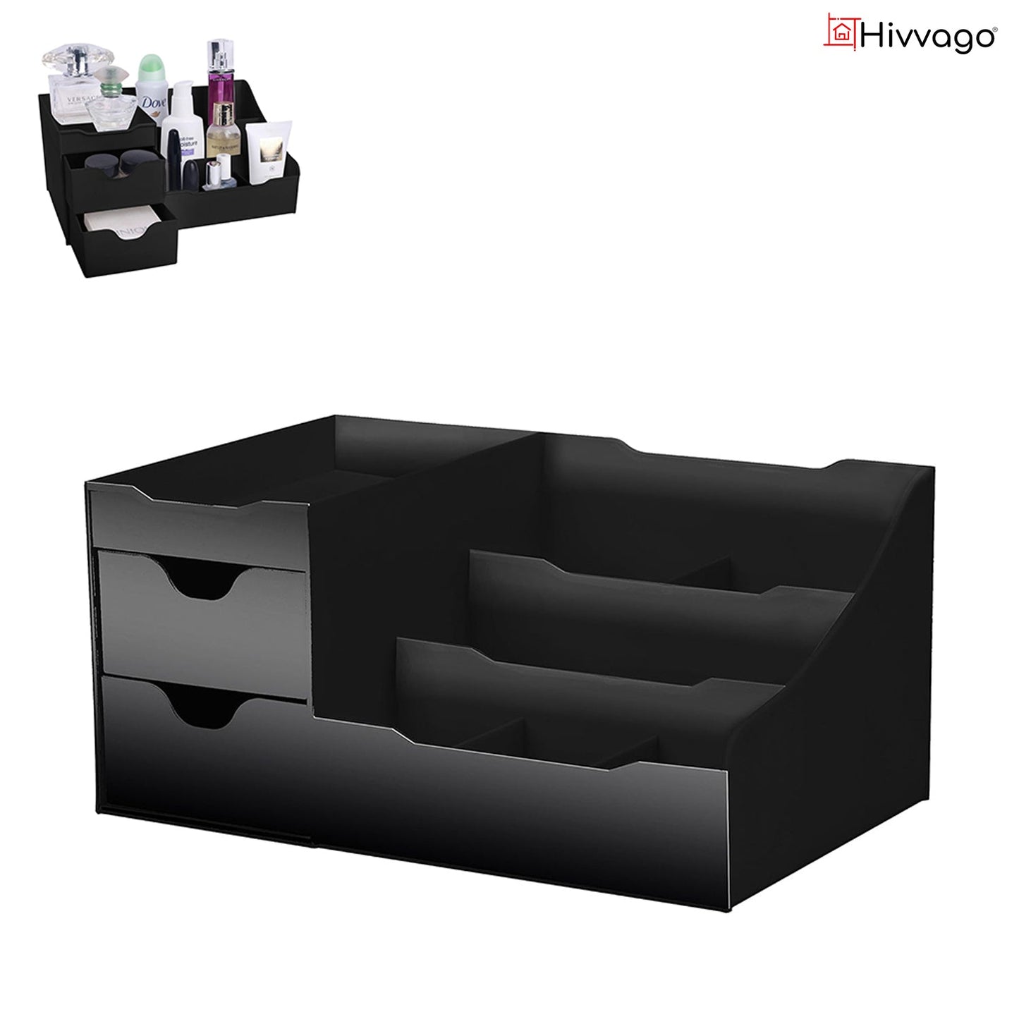 Hivvago Large Vanity Organizer – Black Multi-Compartment Makeup & Desk Storage