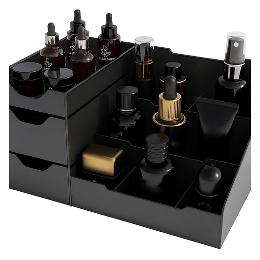 Hivvago Large Vanity Organizer – Black Multi-Compartment Makeup & Desk Storage